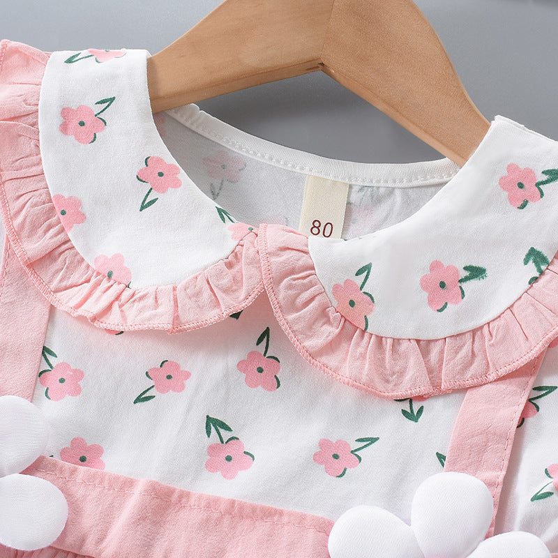 Girls' Cute Fake Two-piece All-match Short Sleeve Dress