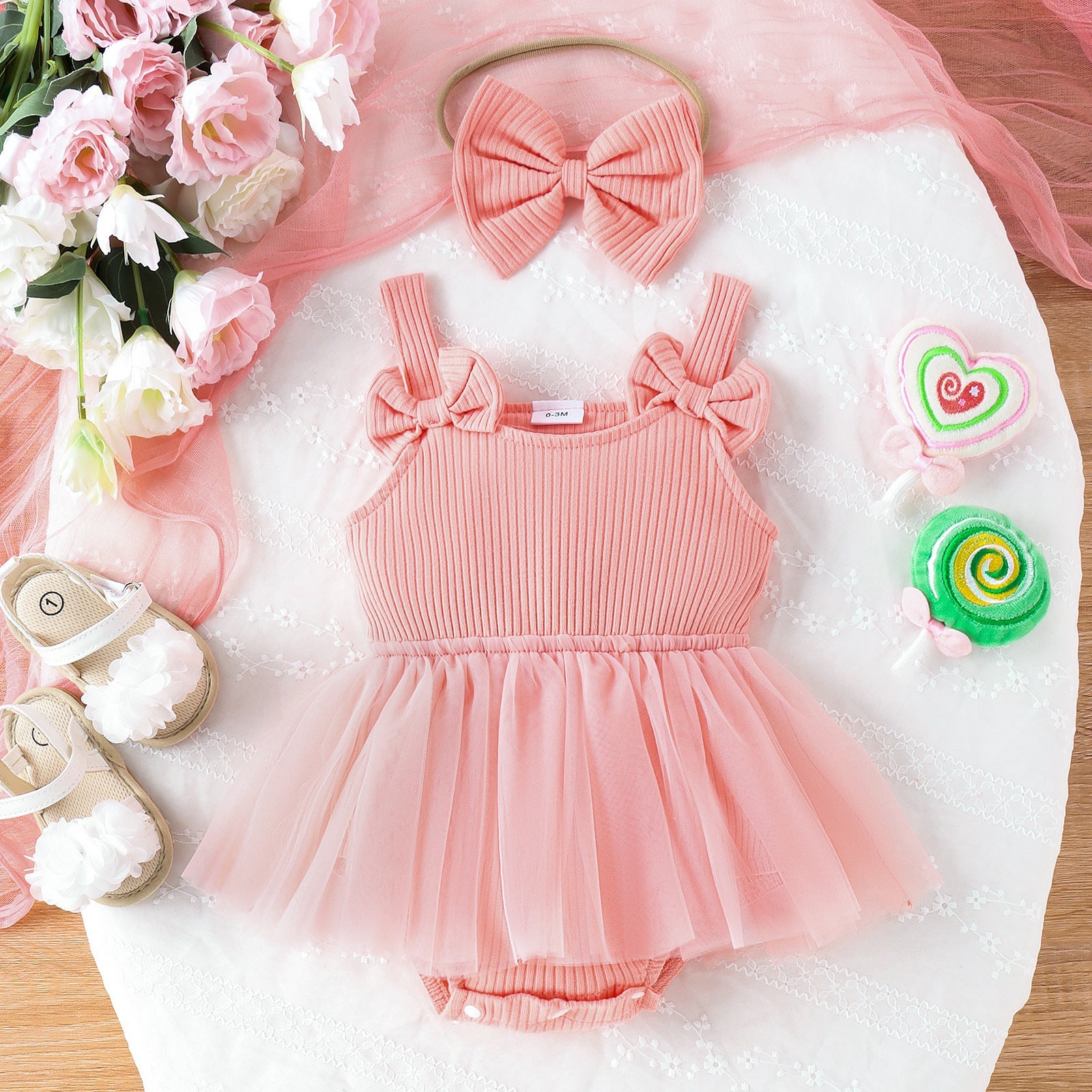 Baby Girl Cotton Romper Dress with matching bow headband