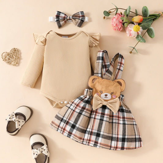 Girls' Fashion Minimalist Long Sleeve Triangle Rompers Bow Plaid Bear Doll Suspender Dress Hair Band Set  (Available)