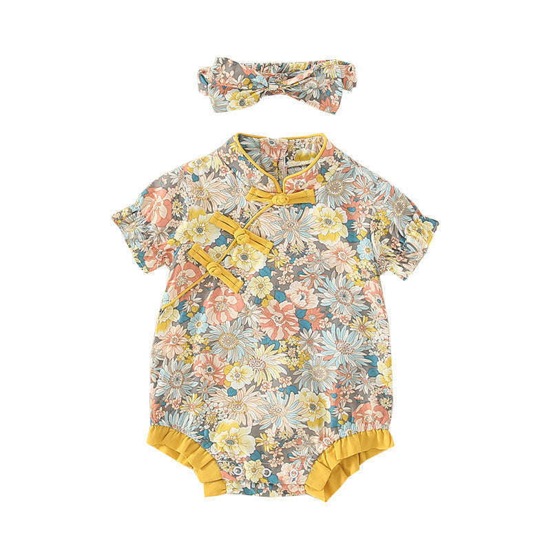 Infant Cheongsam Short-sleeved Jumpsuit Summer Dress New Baby Girl Ethnic Style Floral