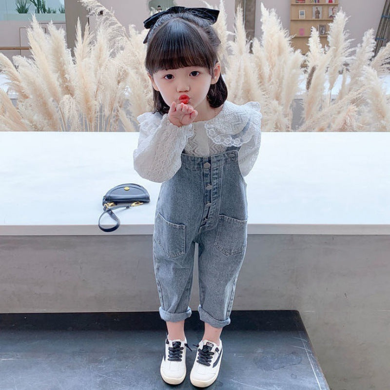 Girls Denim Overalls And Lace Shirt Two-piece Suit