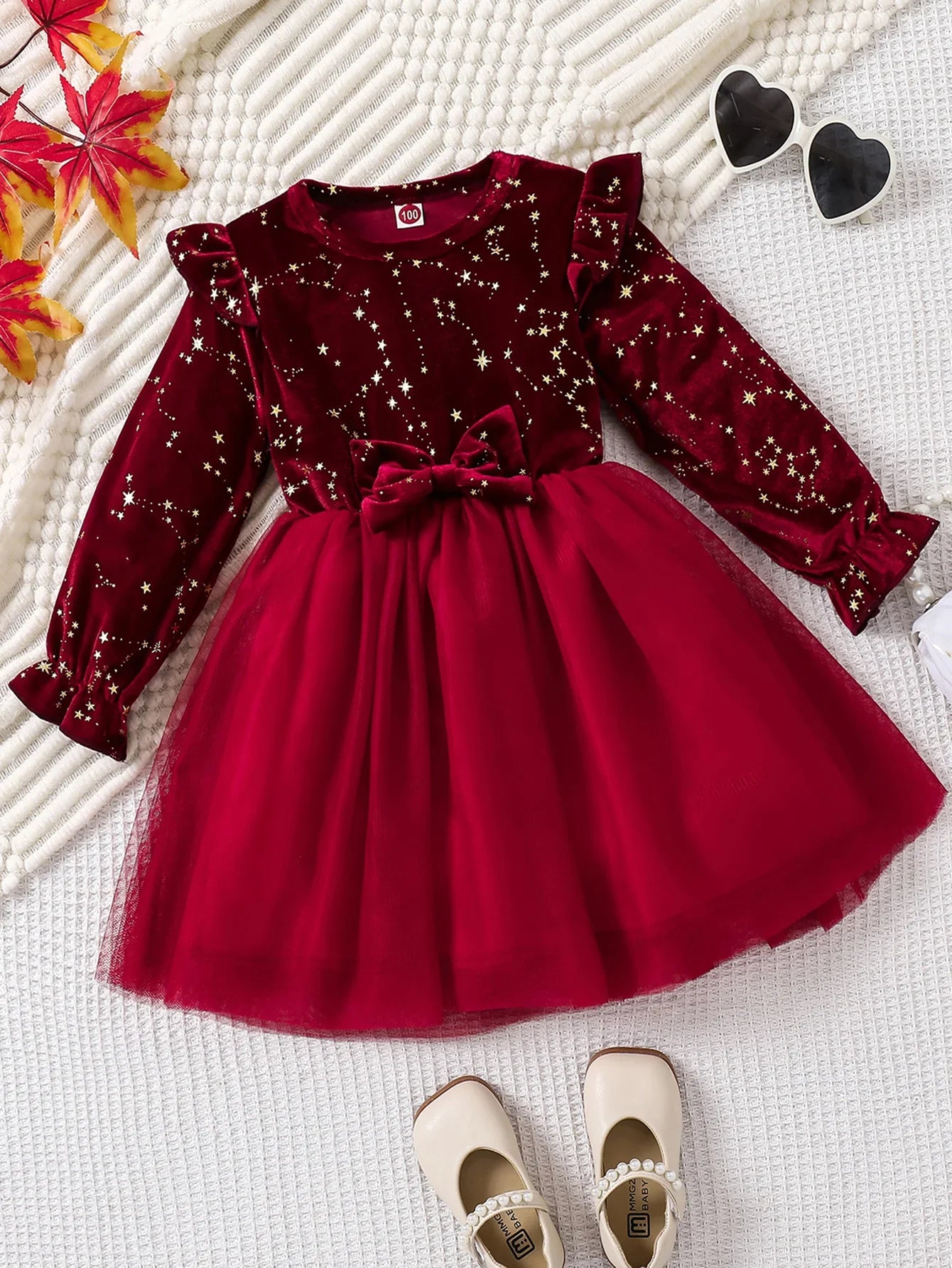 Toddler Girl Party Dress Autumn Winter  Years Children Christmas And New Year Princess Dress Red Velvet Gown Stars Mesh Dress