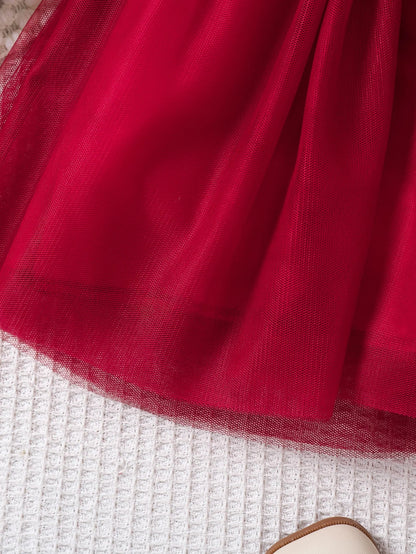 Toddler Girl Party Dress Autumn Winter 1-8 Years Children Christmas And New Year Princess Dress Red Velvet Gown Stars Mesh Dress