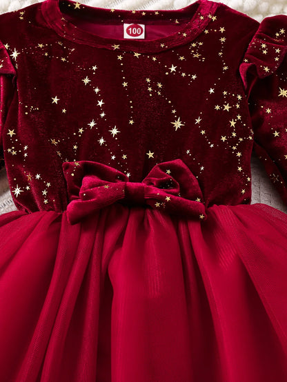 Toddler Girl Party Dress Autumn Winter 1-8 Years Children Christmas And New Year Princess Dress Red Velvet Gown Stars Mesh Dress