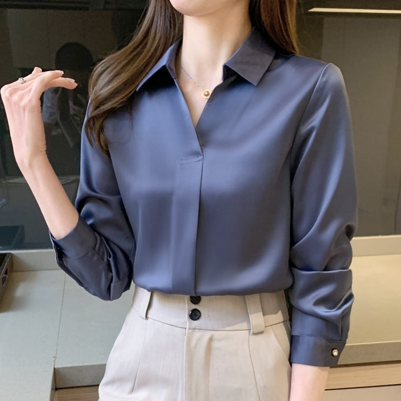 Hot Spring Autumn Solid Long Sleeve Chiffon Blouse Shirt Turn Down Collar Office Blouse