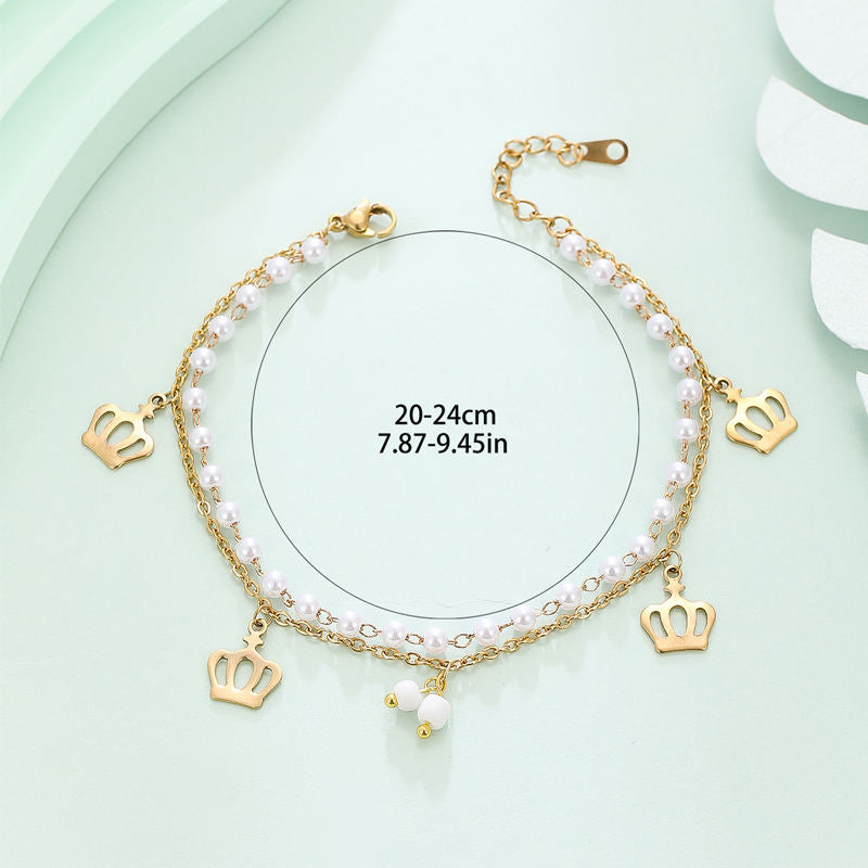 Fashion Jewelry Gold Plated Anklet Stainless Steel Crown Rice Beads Trendy Hot wife Anklets Accessories