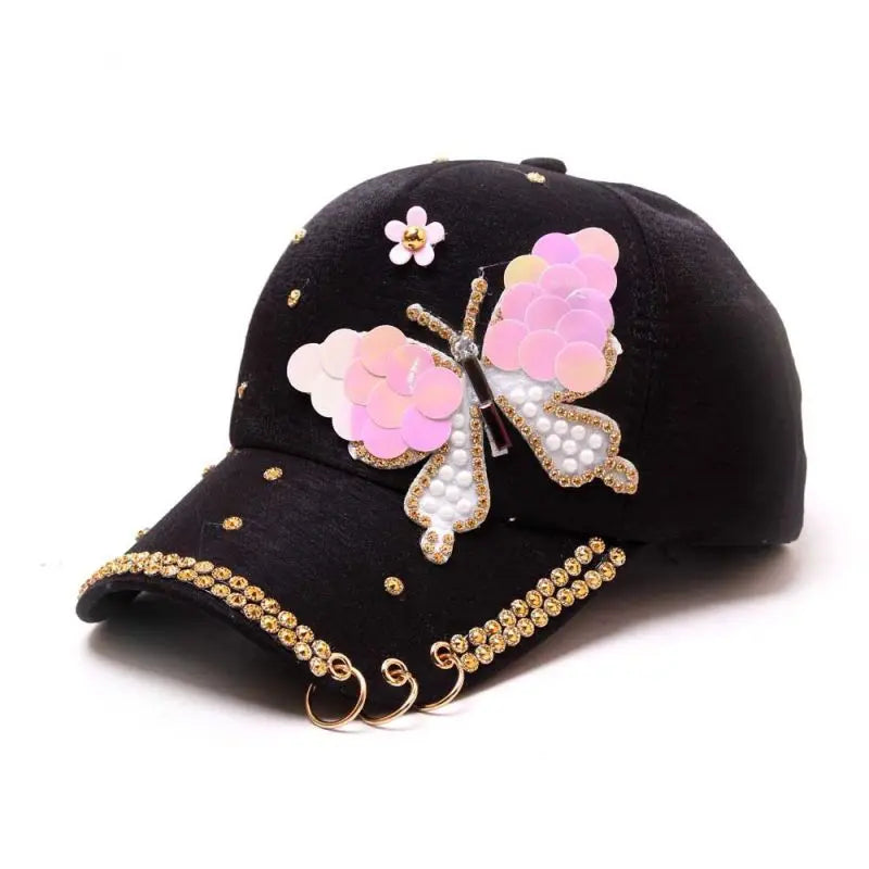 Autumn Women's Baseball Cap Women Full Crystal Colorful Big Butterfly Hat Cotton Shiny Metal Snapback Caps Hip Hop hats