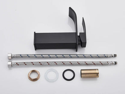 Matte Black Basin Faucet Deck Mounted Single Lever Bathroom Crane Waterfall Brass Bathroom Tap Hot Cold Water Mixer Taps