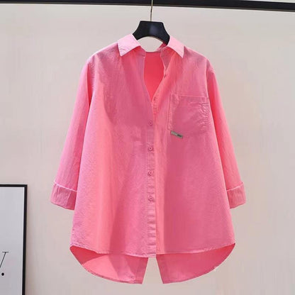 Rose Pink Trendy Loose Lapel Long-sleeved All-match Cardigan Shirt Women Blouse