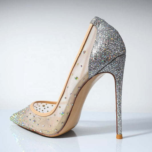 Women Rhinestone Glitter Heels Silver Ladies High Heels Pumps Crystals Wedding Shoes