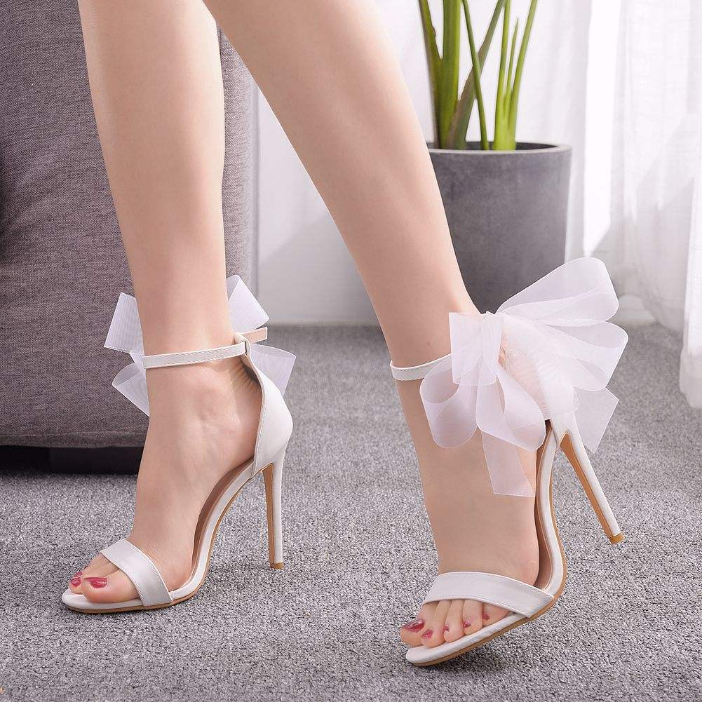 High Heel Bowknot Ankle Strap Party Bridal Shoes Heels Sandals Ladies White Shoes For Wedding