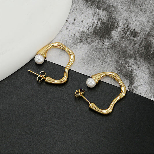 18K Gold Plated Texture Pearl Earrings Stainless Steel Hoop Irregular Statement Dangle Stud Dainty Jewelry Women Girls