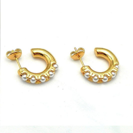 Classic Waterproof 18K PVD Gold Plated Stainless Steel C-Shaped Basic Pearl Hoop Earrings for Women Fashion Jewelry