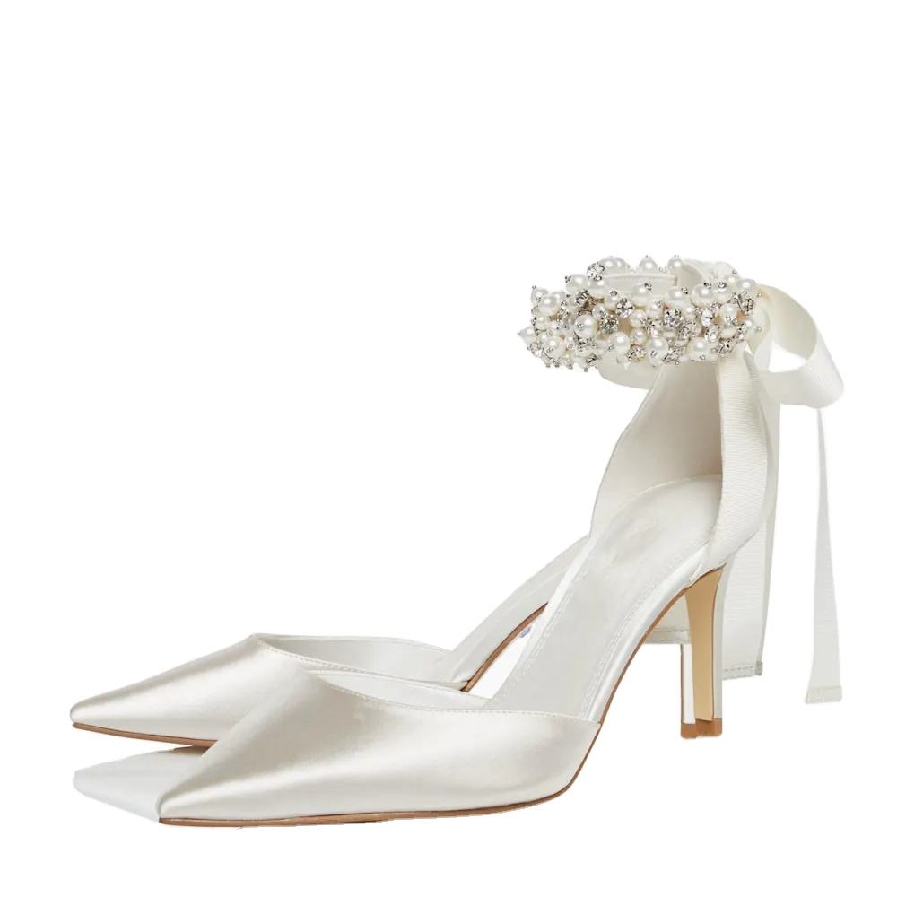 Ladies Bridal Shoes Elegant White Satin Stiletto Heels Ankle Strap Pumps