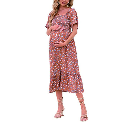 Custom Women Pregnancy Clothes Ruffle Short Sleeve Square Neck Smocked Floral A-Line Maternity Dress