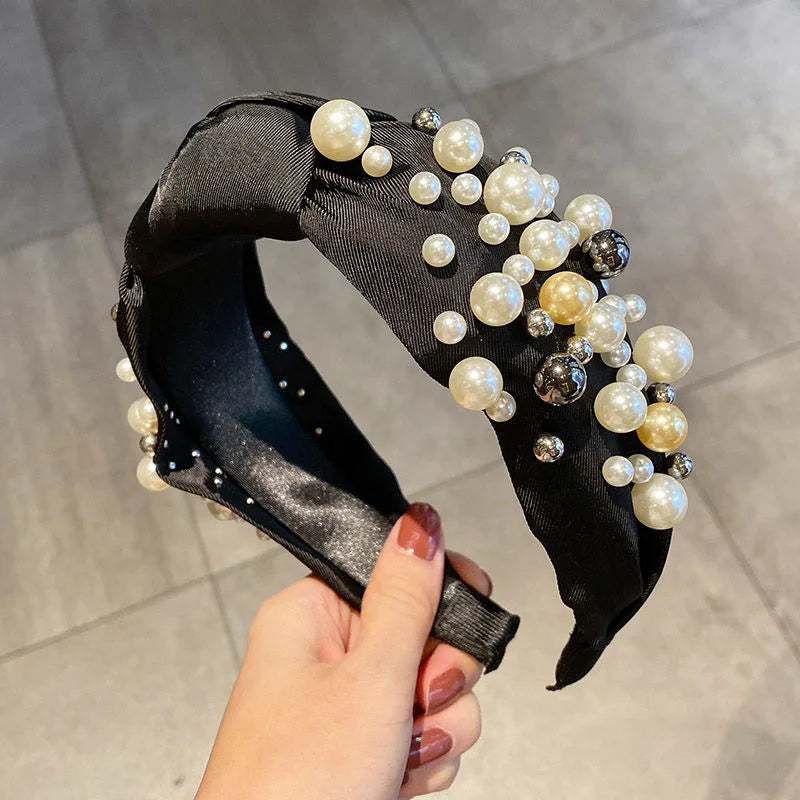 Fashion Pearl Hairbands Hair Accessories Women Solid Color Fabric Knotted Headbands Boutique