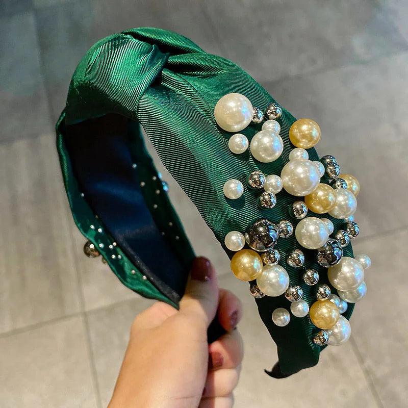 Fashion Pearl Hairbands Hair Accessories Women Solid Color Fabric Knotted Headbands Boutique