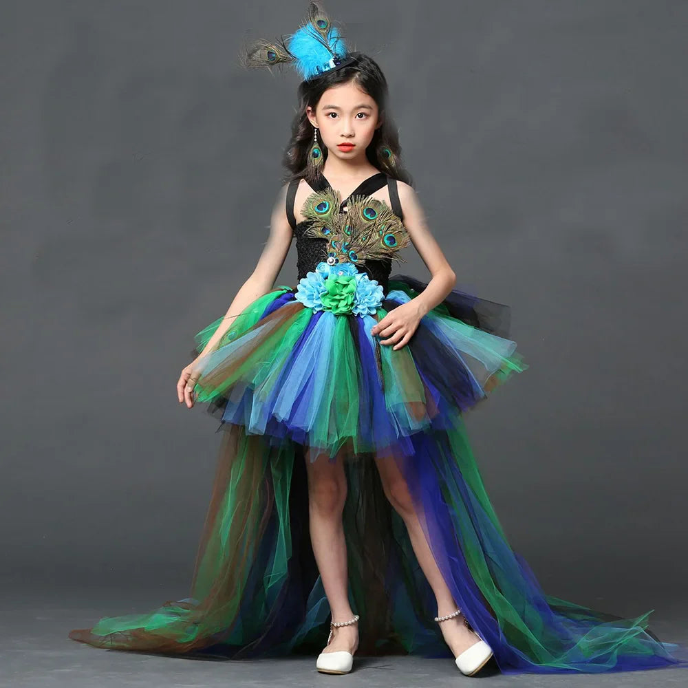 Girl Peacock Flower Party Tutu Dresses for Halloween with Train Tulle Peacock Princess Children Party Evening Dress