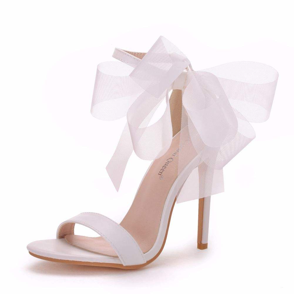 High Heel Bowknot Ankle Strap Party Bridal Shoes Heels Sandals Ladies White Shoes For Wedding