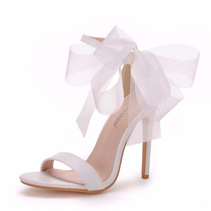 High Heel Bowknot Ankle Strap Party Bridal Shoes Heels Sandals Ladies White Shoes For Wedding