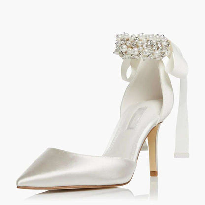 Ladies Bridal Shoes Elegant White Satin Stiletto Heels Ankle Strap Pumps