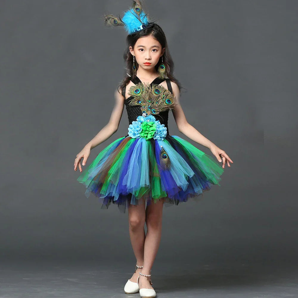 Girl Peacock Flower Party Tutu Dresses for Halloween with Train Tulle Peacock Princess Children Party Evening Dress