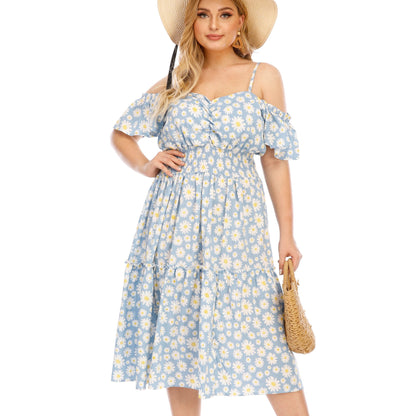 Elegant Summer Midi Plus Size Off- Shoulder Chiffon Floral Puff Sleeves Strapless