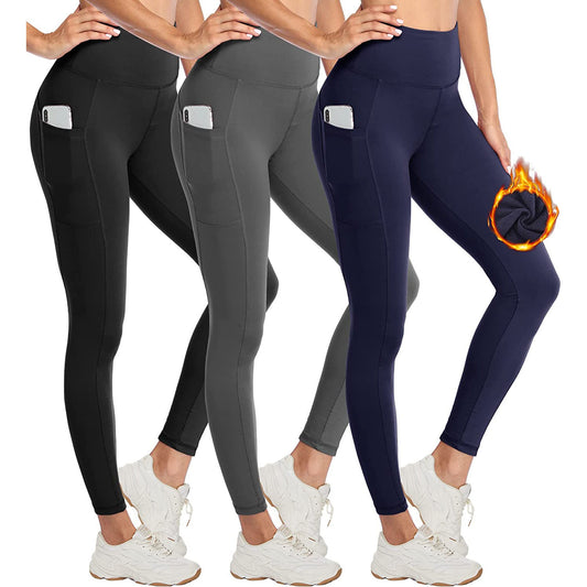 Women High Waist Thick Thermal Leggings with Pocket Polyester Warm Winter Fleece Lined Yoga Leggings