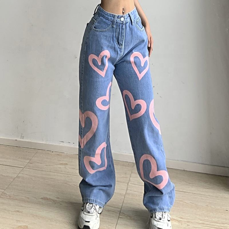 High Waist Heart Print Jeans Ladies Denim Trousers Pants