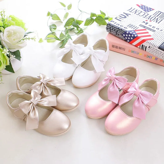 Girls Princess Shoes Shallow Bowknot Metallic Color Fashion Sweet Girl's Mary Janes Shoes Light Non-slip 26-36 Kids Ballet Flats