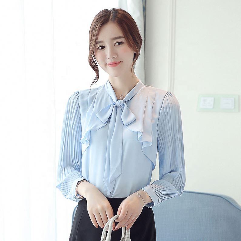 Latest Design Fashion Elegant Korean Bowknot Office Chiffon Shirt