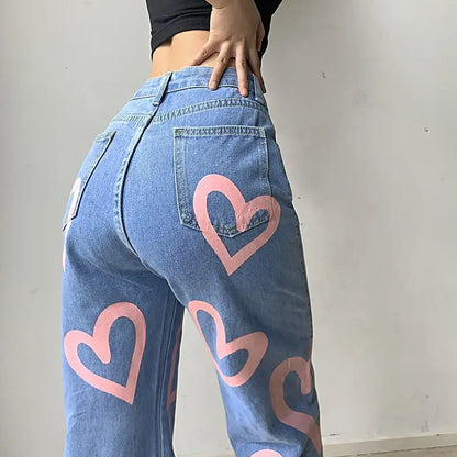 High Waist Heart Print Jeans Ladies Denim Trousers Pants