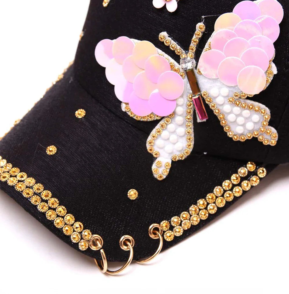 Autumn Women's Baseball Cap Women Full Crystal Colorful Big Butterfly Hat Cotton Shiny Metal Snapback Caps Hip Hop hats