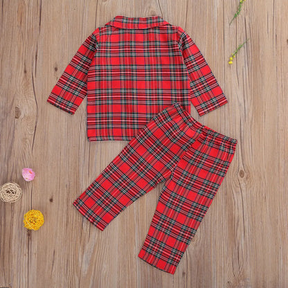 Girls Boys Plaid Homewear Set Long Sleeve Single Breasted Lapel Shirt Elastic Waist Long Pants Kids Autumn Pajamas Outfits