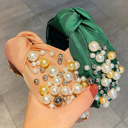 Fashion Pearl Hairbands Hair Accessories Women Solid Color Fabric Knotted Headbands Boutique