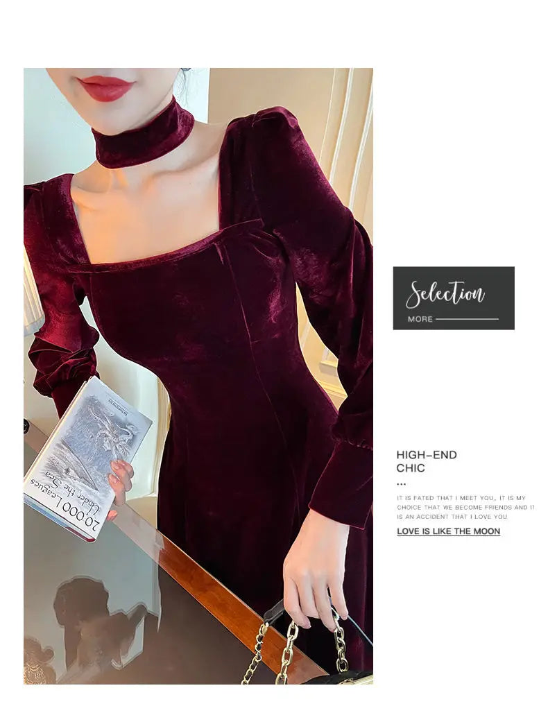 Sexy Dress Women French Retro Vintage Square Collar Waist Office Lady Wine Red Golden Velvet Autumn and Winter Female Clothing
