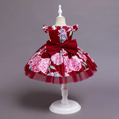 Vintage Flower Print Kids Party Dress For Girl Children Costume Princess Dresses Vestido Girls Christmas Clothes Gown 2 8 Years
