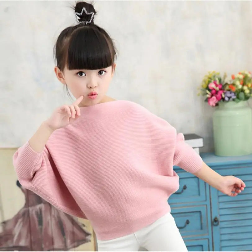 Spring Autumn Baby Toddler Teenage Children's Clothing Girls Pullover Sweater Long Batwing Sleeve Kids Knit Sweaters Tops