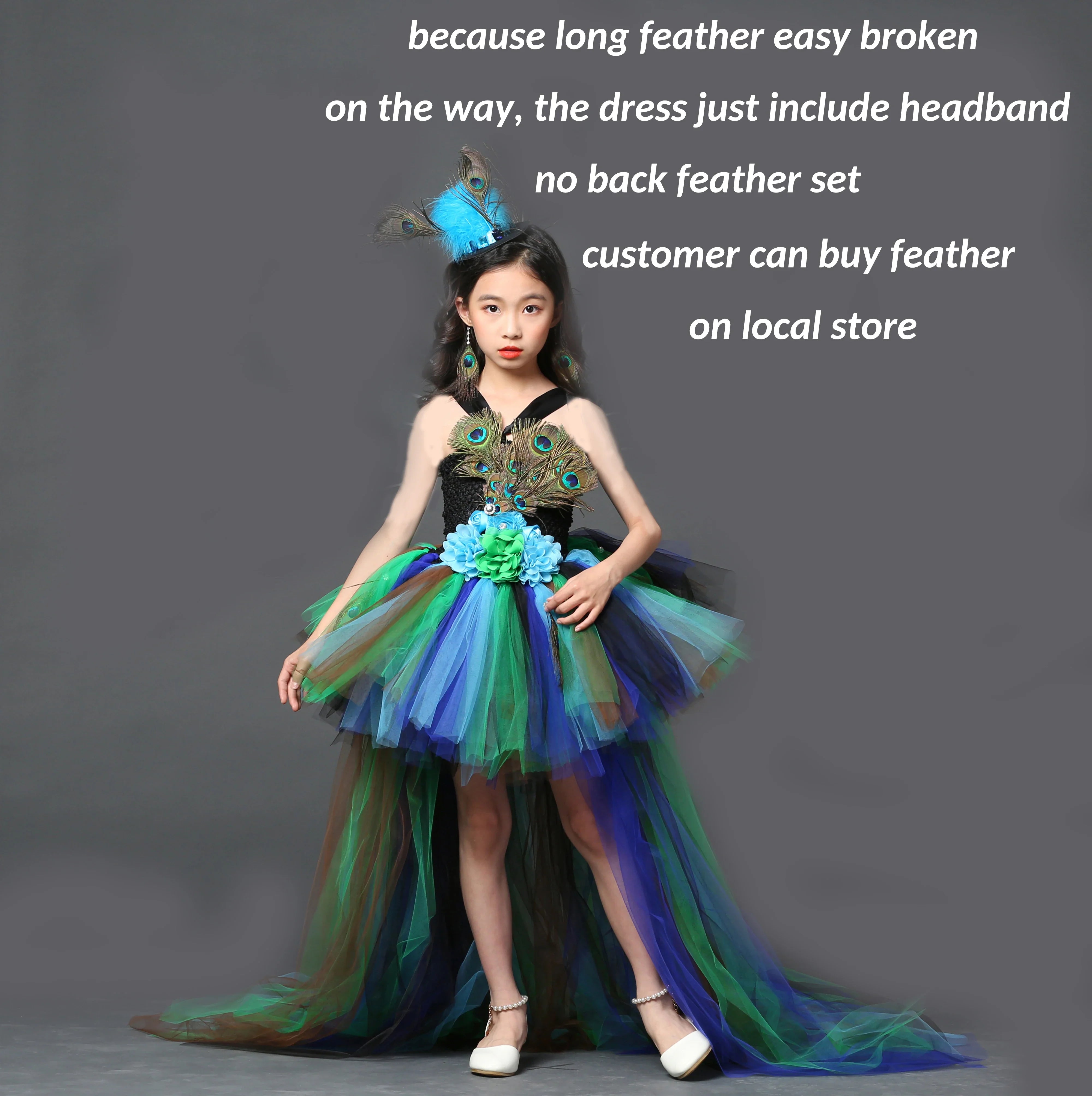 Girl Peacock Flower Party Tutu Dresses for Halloween with Train Tulle Peacock Princess Children Party Evening Dress