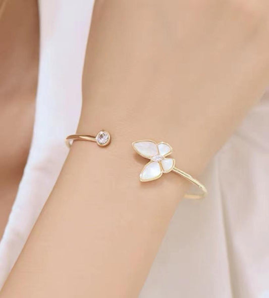 Gold Plated White Shell Pearl Butterfly Open Bangle And Bracelets For Women