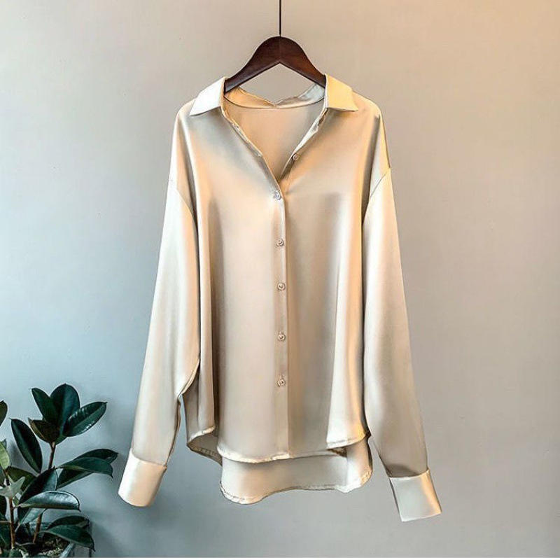 Women Satin Shirt Blouses Tops Turn Down Collar Long Sleeve Button blusa para mujer Trending Loose