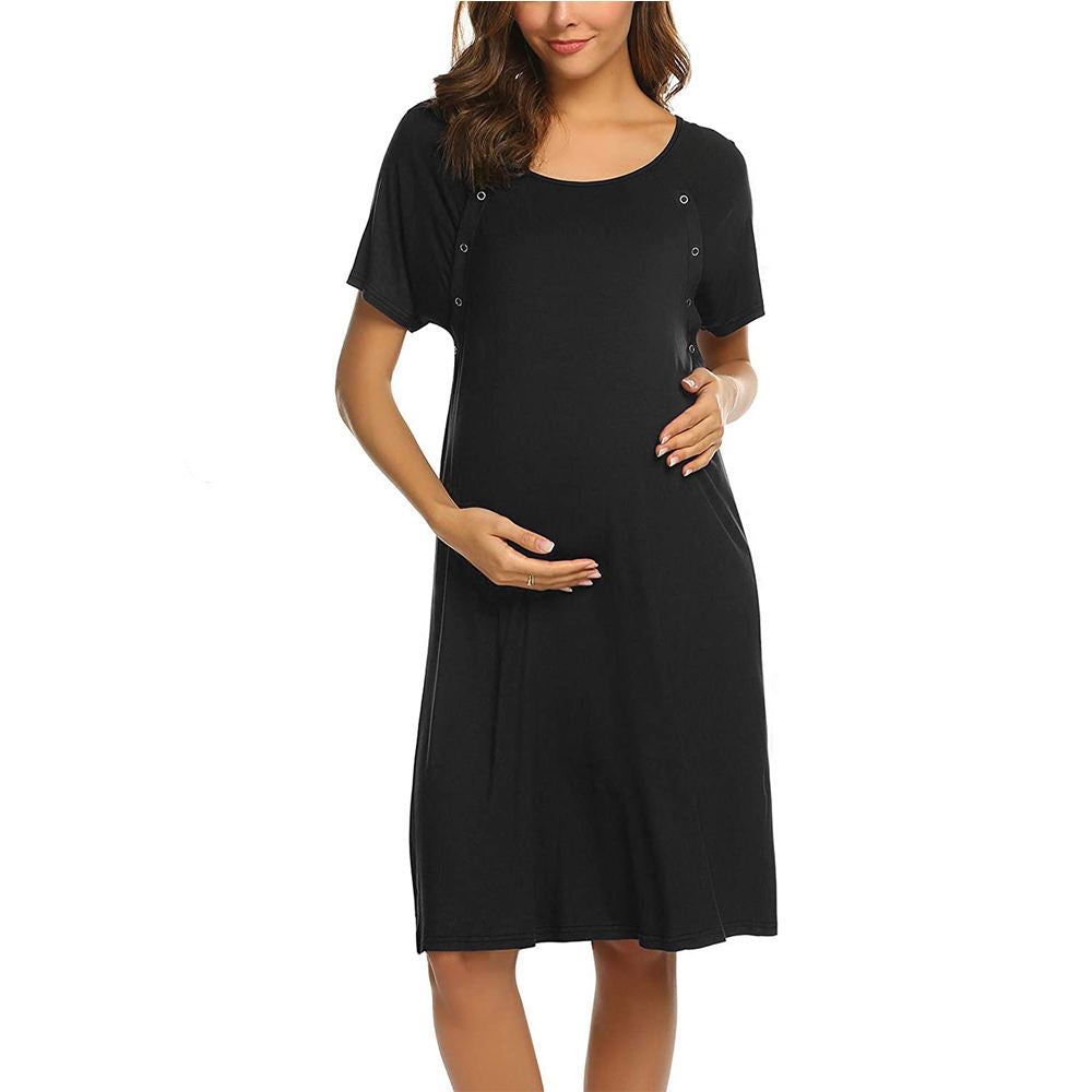 Women Delivery and Nursing Gown Labor Hospital Breastfeeding with Button Short Sleeve Maternity Clothes Nursing Dress