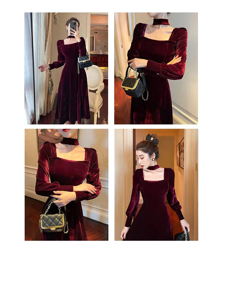 Sexy Dress Women French Retro Vintage Square Collar Waist Office Lady Wine Red Golden Velvet Autumn and Winter Female Clothing