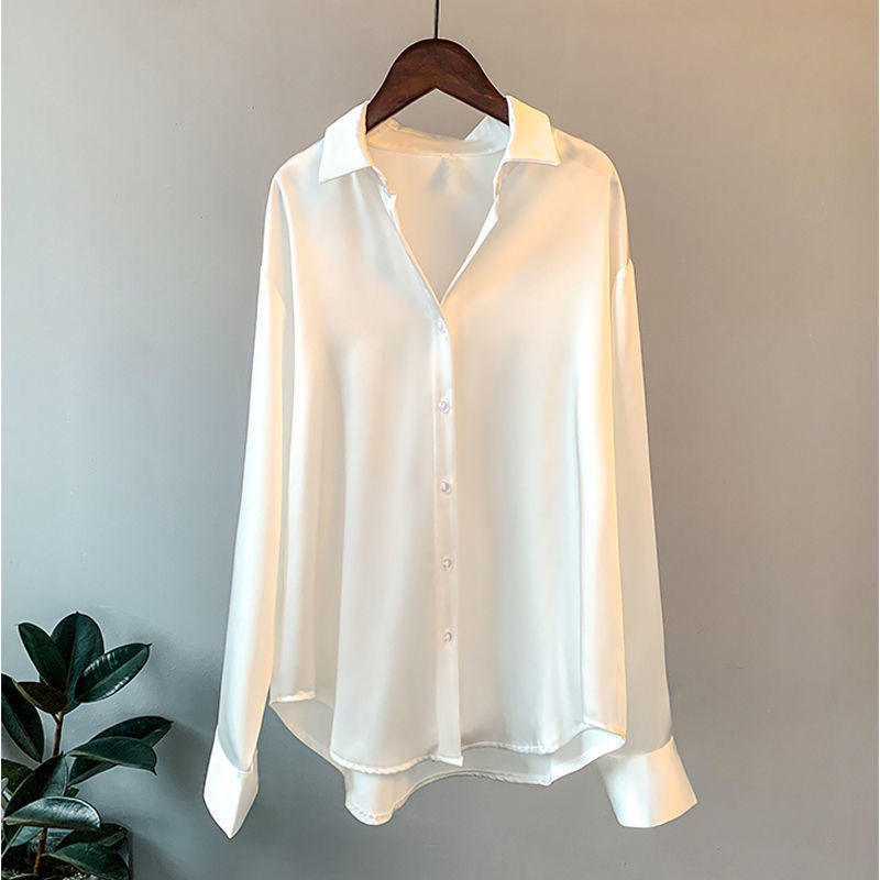 Women Satin Shirt Blouses Tops Turn Down Collar Long Sleeve Button blusa para mujer Trending Loose
