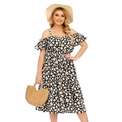 Elegant Summer Midi Plus Size Off- Shoulder Chiffon Floral Puff Sleeves Strapless