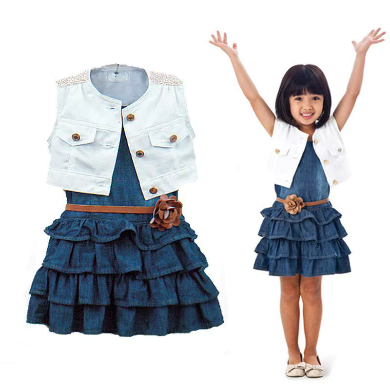 SUMMER KOREA FASHION KIDS GIRLS HOT SALE JEANS LAYERED DRESSES