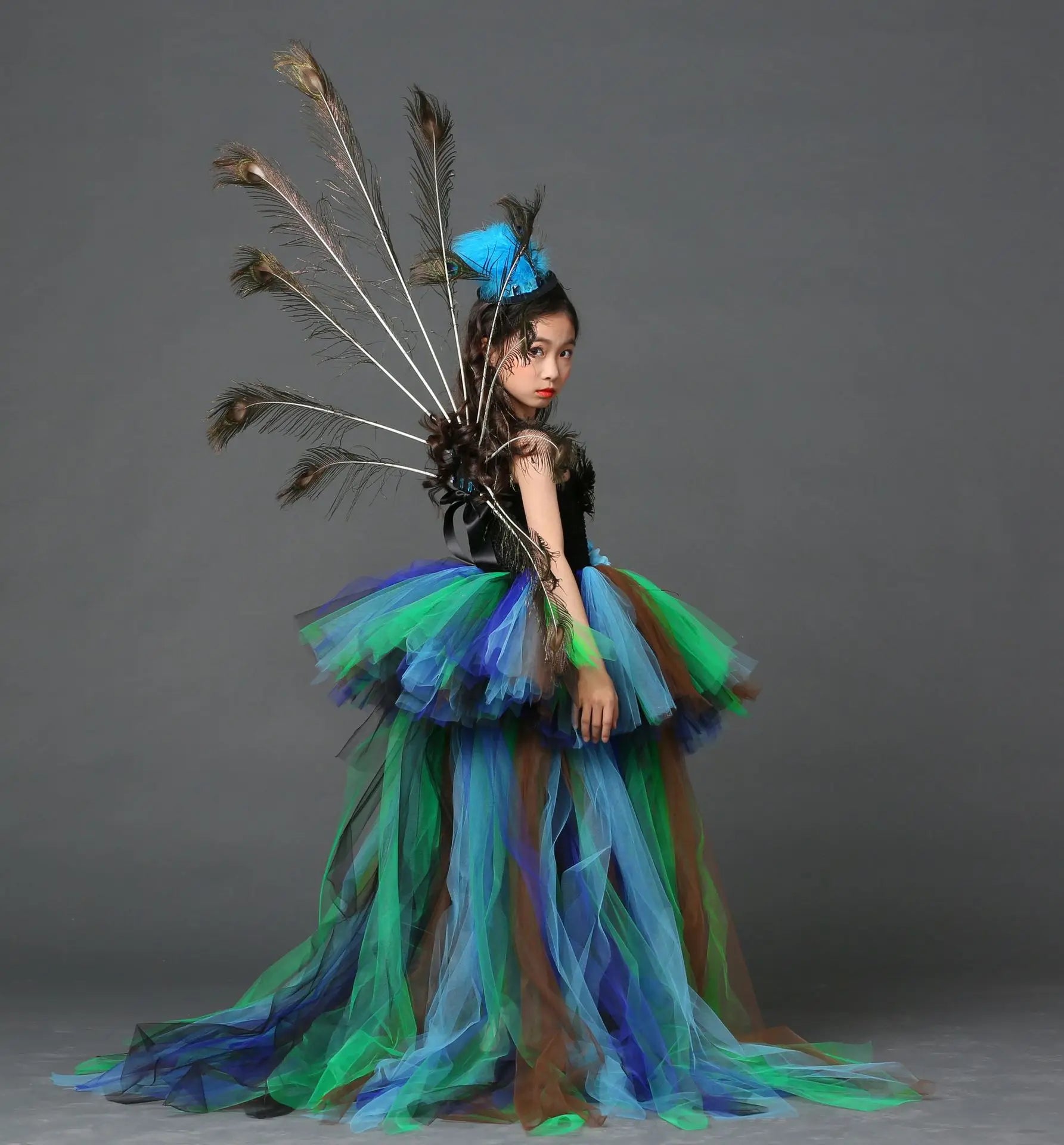 Girl Peacock Flower Party Tutu Dresses for Halloween with Train Tulle Peacock Princess Children Party Evening Dress