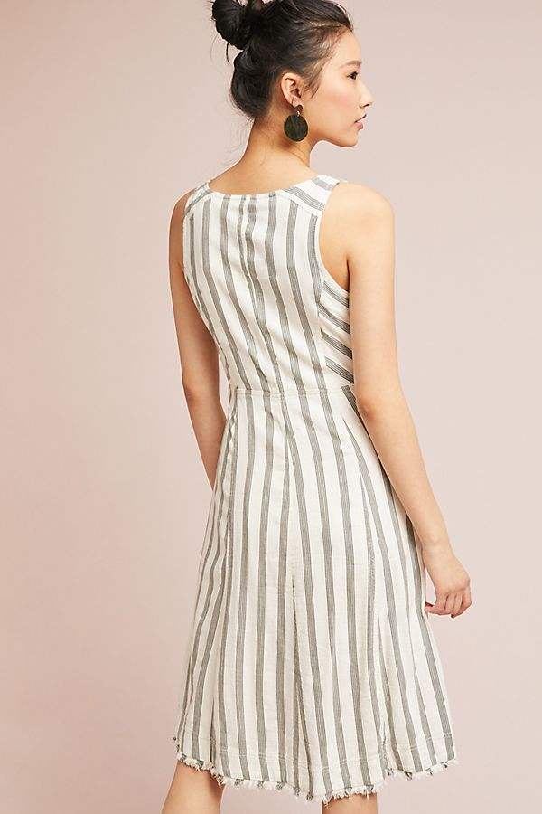 Women summer v neck sleeveless button down casual fashion striped linen dress with front pockets