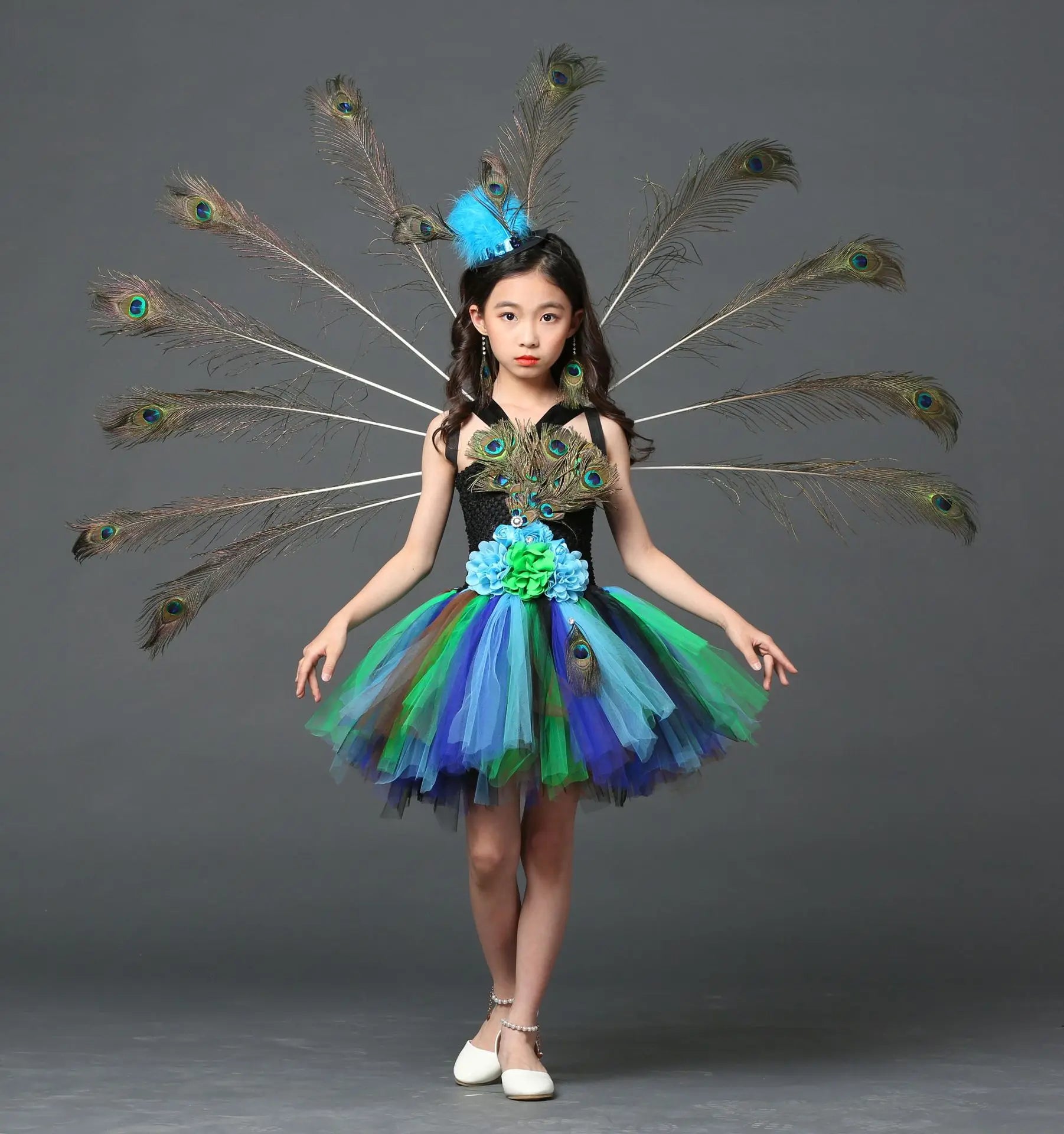 Girl Peacock Flower Party Tutu Dresses for Halloween with Train Tulle Peacock Princess Children Party Evening Dress