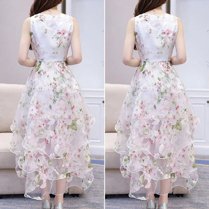 Summer High Low Retro Dress Vintage Women Sleeveless Front Back Short Long Organza Lace Dress Ladies Elegant Party Dress  (Available)